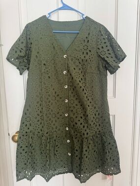 Eyelet Button-Front V-Neck Dress in Olive Green